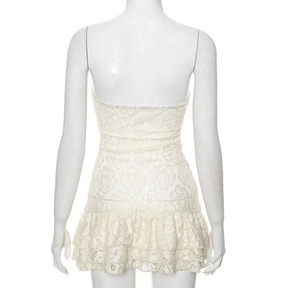 Lace ruffle sweetheart neck tube mini dress