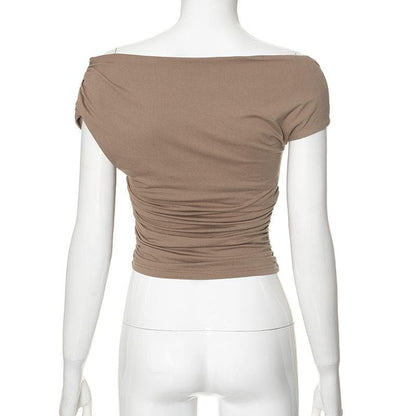 Short sleeve irregular ruched solid top