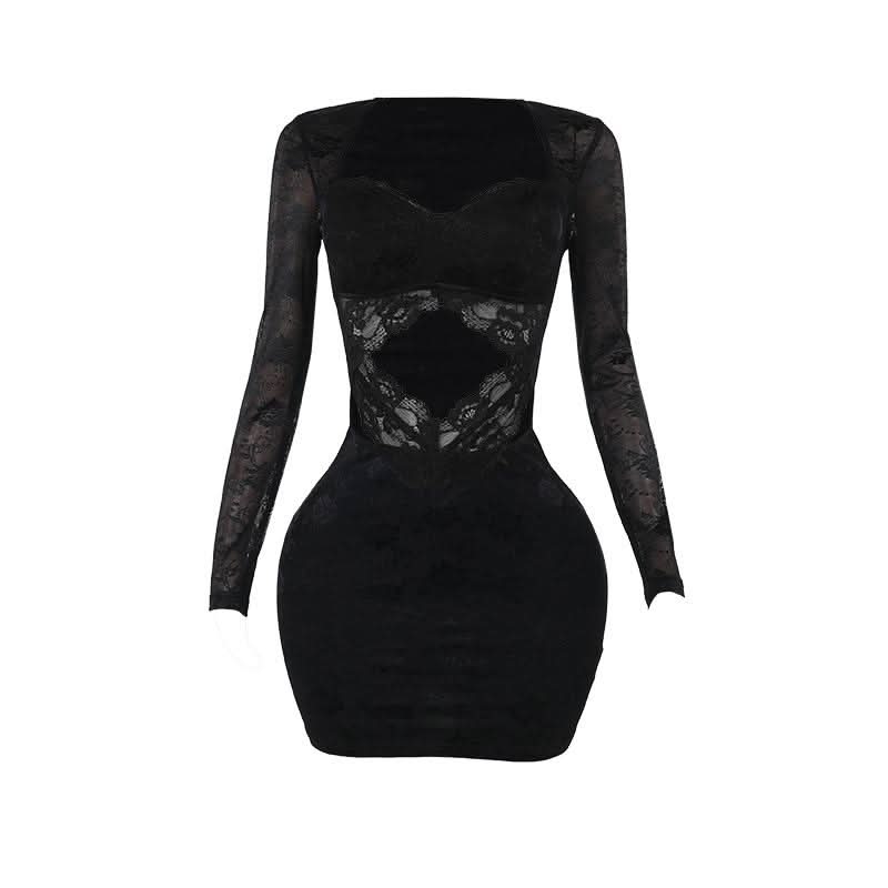 Long sleeve hollow out lace zip-up cut out mini dress