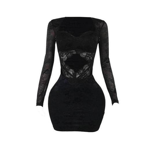 Long sleeve hollow out lace zip-up cut out mini dress