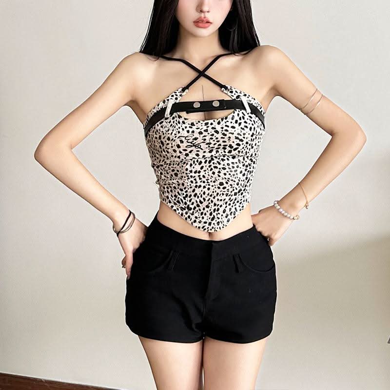 Cross front print button cami top