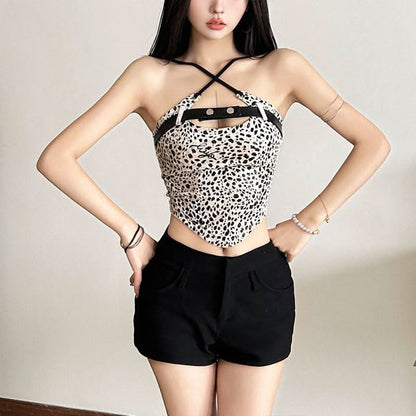 Cross front print button cami top