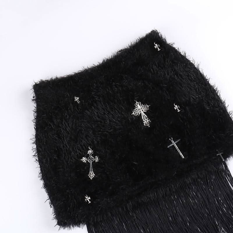 Fluffy cross pendant tassels mini skirt