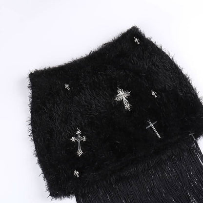Fluffy cross pendant tassels mini skirt