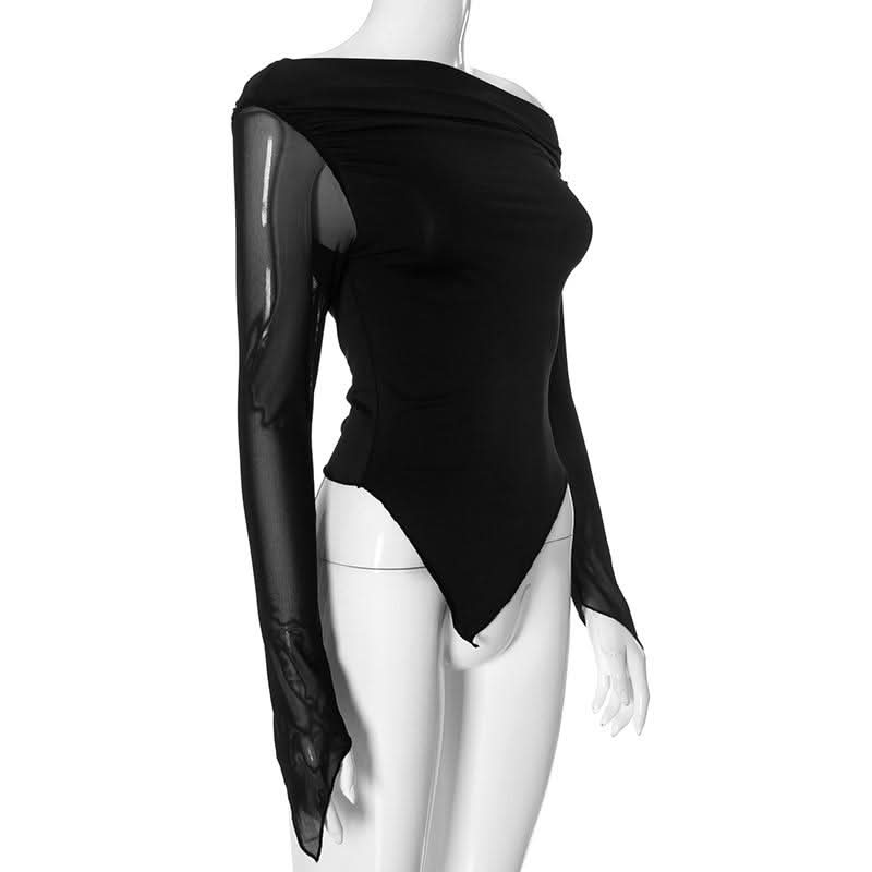 One shoulder long sleeve irregular ruched mesh top