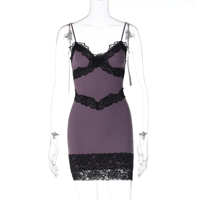 Lace hem patchwork v neck zip-up cami mini dress