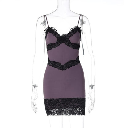 Lace hem patchwork v neck zip-up cami mini dress