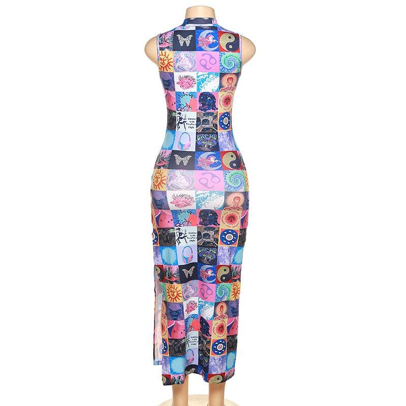 Sleeveless Mock Neck Patchwork Graphic Print Bodycon Maxi Dress