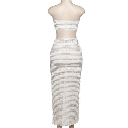Textured solid ruffle self tie knotted tube maxi skirt set