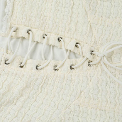 Lace up slit textured spaghetti strap lace hem maxi dress