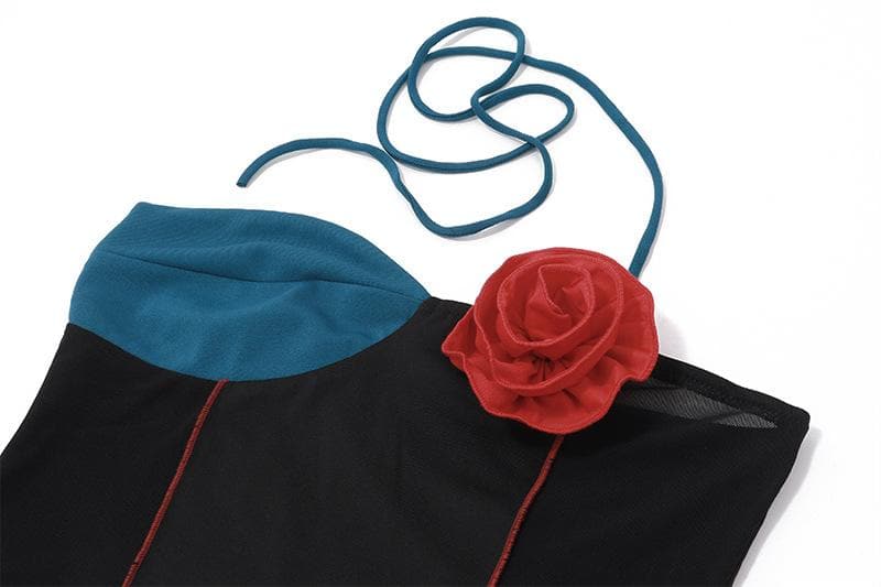 Flower applique patchwork irregular halter stitch crop top