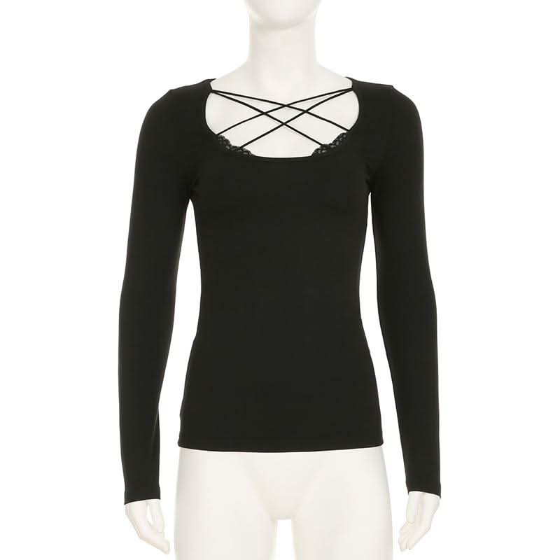 Cross front lace hem long sleeve hollow out cut out top