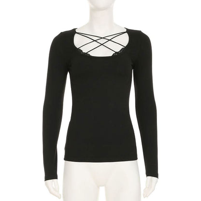 Cross front lace hem long sleeve hollow out cut out top