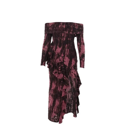 Off shoulder long sleeve slit ruffle contrast midi dress