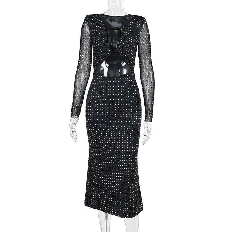Rhinestone Grid Long Sleeve Keyhole Bow Tie Front Cutout Maxi Dress