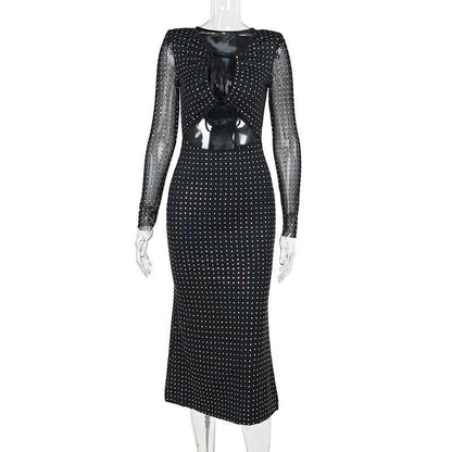 Rhinestone Grid Long Sleeve Keyhole Bow Tie Front Cutout Maxi Dress