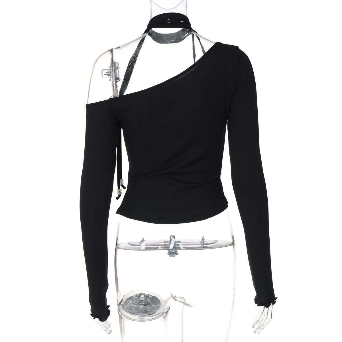 Halter one shoulder long sleeve beaded solid top