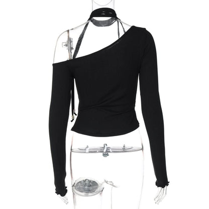 Halter one shoulder long sleeve beaded solid top