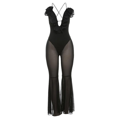 Flower applique ruffle lace up mesh cami jumpsuit