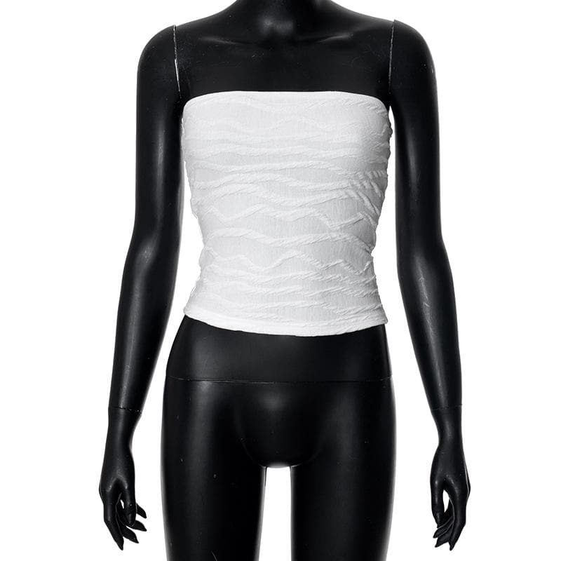 Textured solid backless ruched tube top
