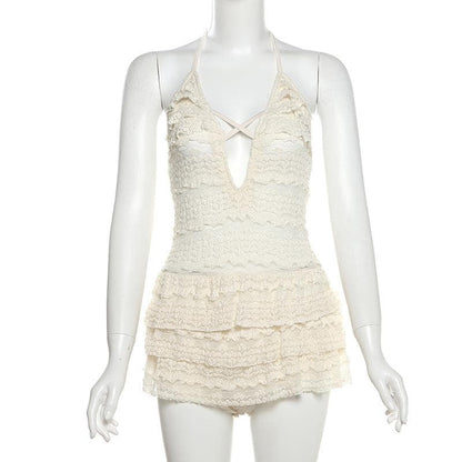 Halter self tie see through v neck hollow out cut out mini dress