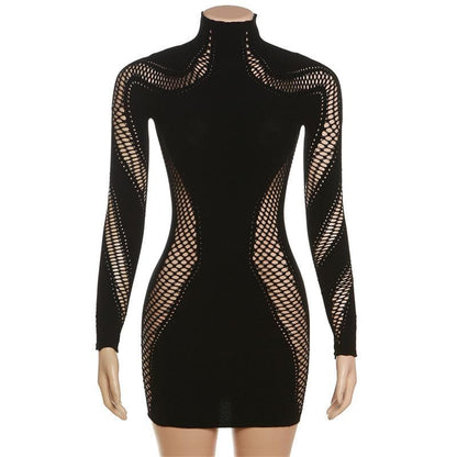 Mock Neck Long Sleeve Fishnet Mesh Panel Hollow Out Bodycon Mini Dress