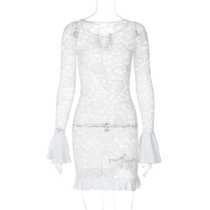Long flared sleeve lace see through lace up mini dress