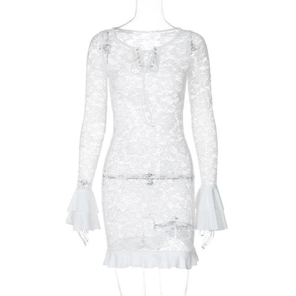 Long flared sleeve lace see through lace up mini dress