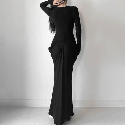 Long sleeve v neck lace hem ruched maxi dress