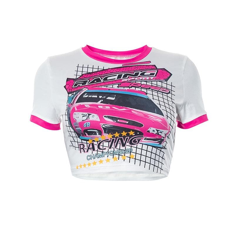 Short sleeve car pattern contrast patchwork crop top