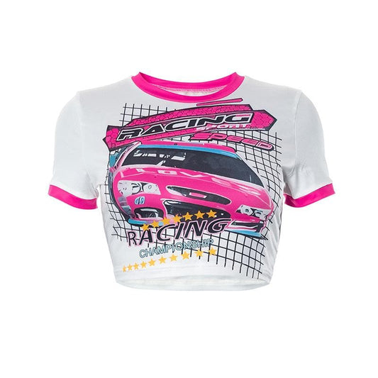 Short sleeve car pattern contrast patchwork crop top