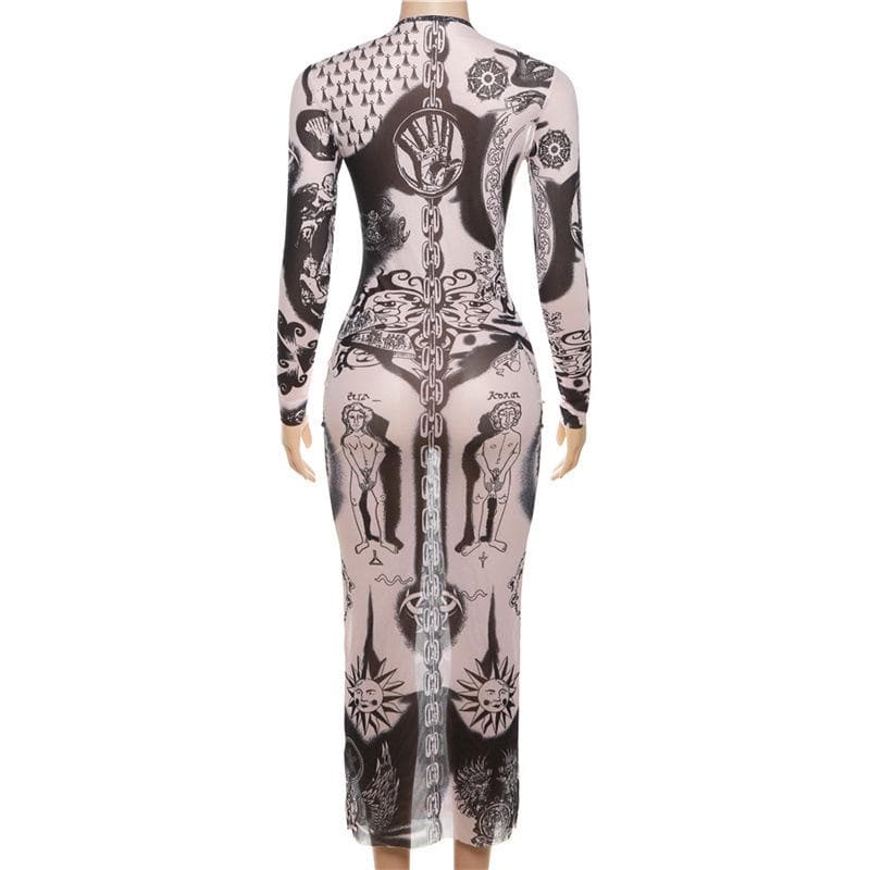 Sheer mesh abstract contrast see through long sleeve maxi dress