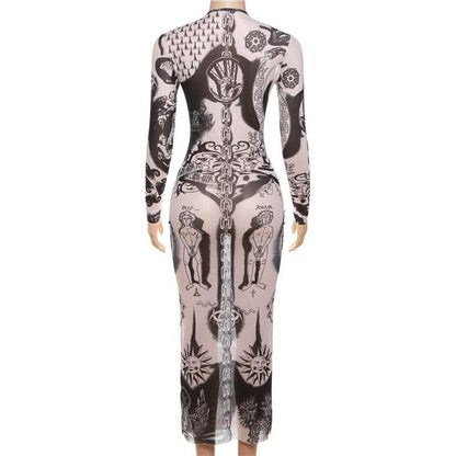 Sheer mesh abstract contrast see through long sleeve maxi dress