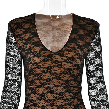 Long flared sleeve lace v neck patchwork maxi dress