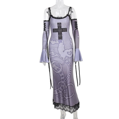 Long flared sleeve off shoulder cross print lace cami maxi dress