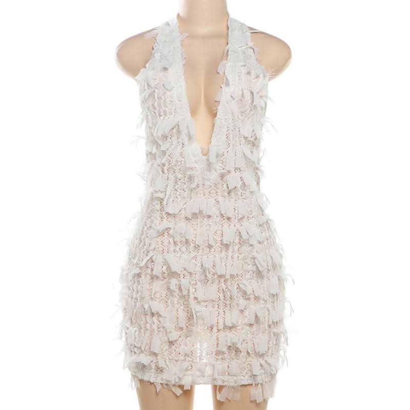 Deep V neck halter self tie backless zip-up mini dress