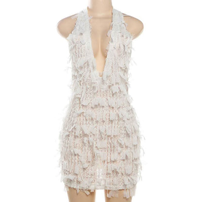 Deep V neck halter self tie backless zip-up mini dress