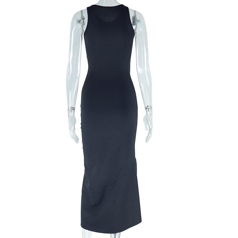 U neck flower applique ruffle ruched tank midi dress