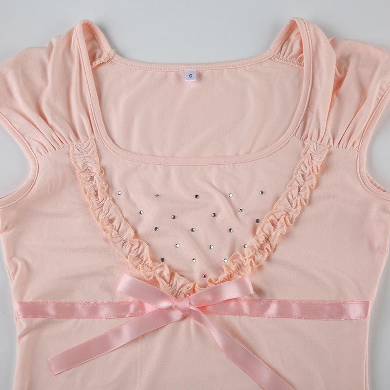 Bowknot beaded ruched u neck ruffle top