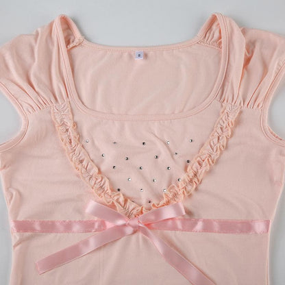 Bowknot beaded ruched u neck ruffle top