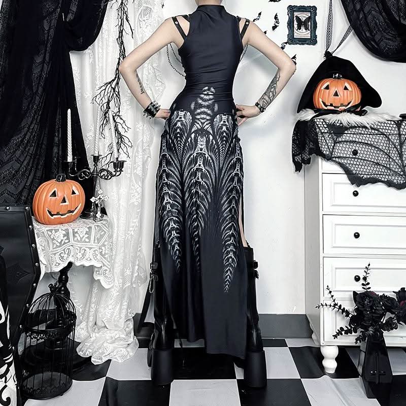 High neck lace up abstract print metal chain slit maxi dress