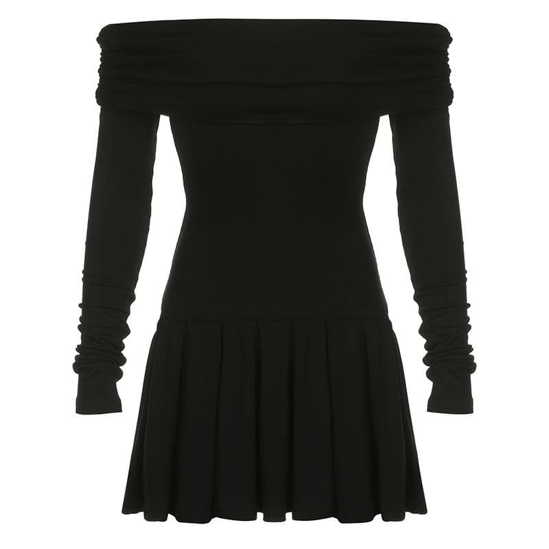 Off Shoulder Foldover Neck Long Sleeve Pleated Skater Mini Dress