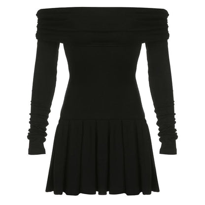 Off Shoulder Foldover Neck Long Sleeve Pleated Skater Mini Dress