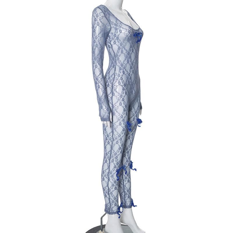 Long sleeve see through bowknot lace jumpsuit
