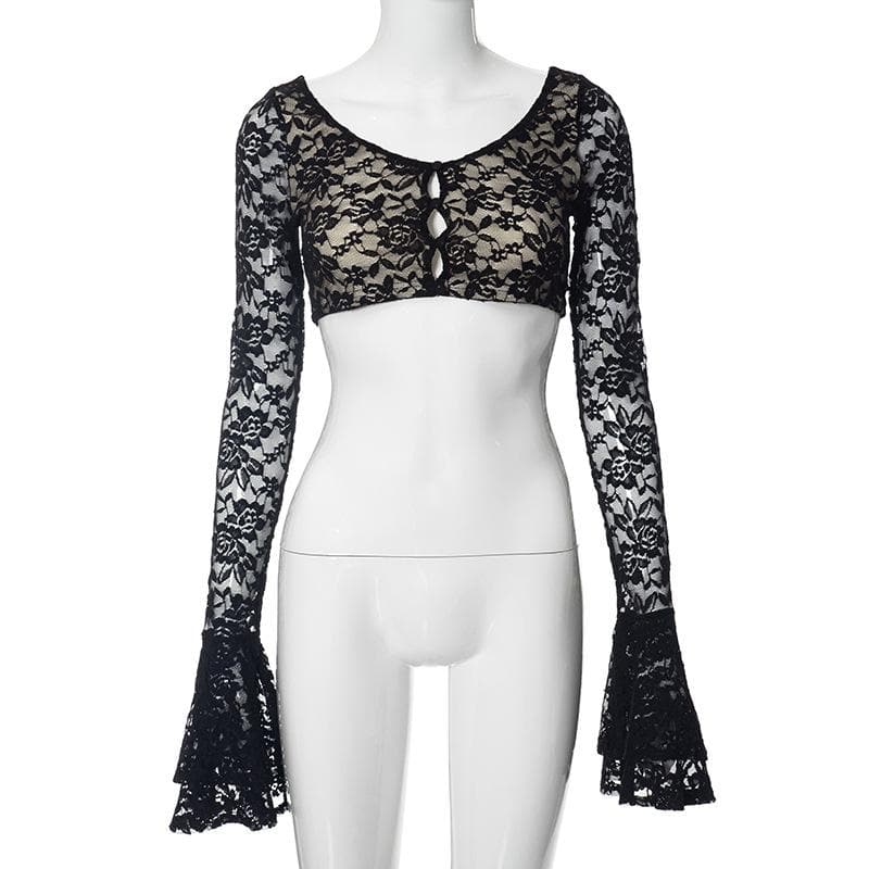 Long flared sleeve lace u neck button backless crop top