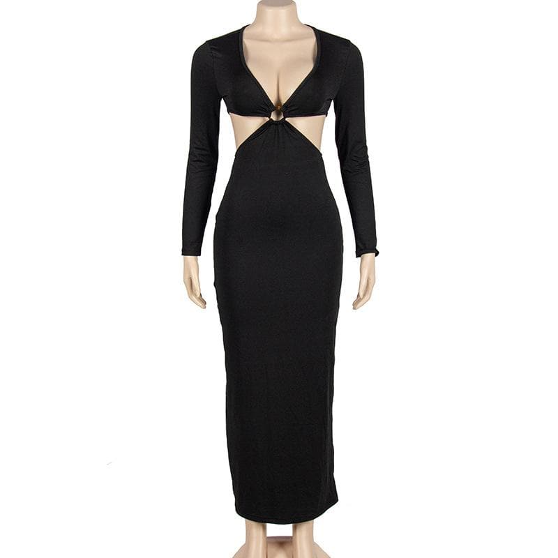 Solid o ring long sleeve v neck hollow out cut out maxi dress