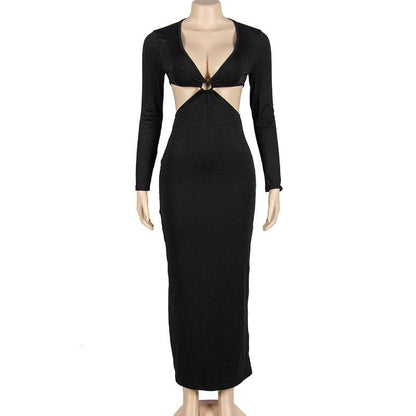 Solid o ring long sleeve v neck hollow out cut out maxi dress
