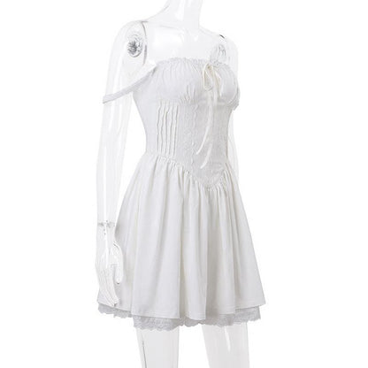 Lace hem lace up ruched backless square neck mini dress