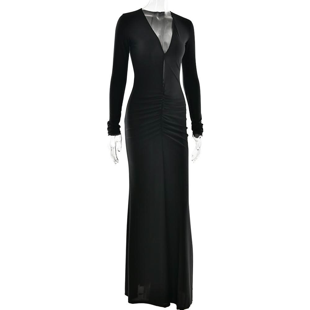 Long sleeve v neck ruched hollow out cut out maxi dress