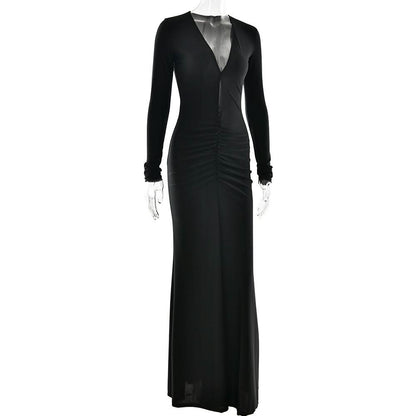 Long sleeve v neck ruched hollow out cut out maxi dress